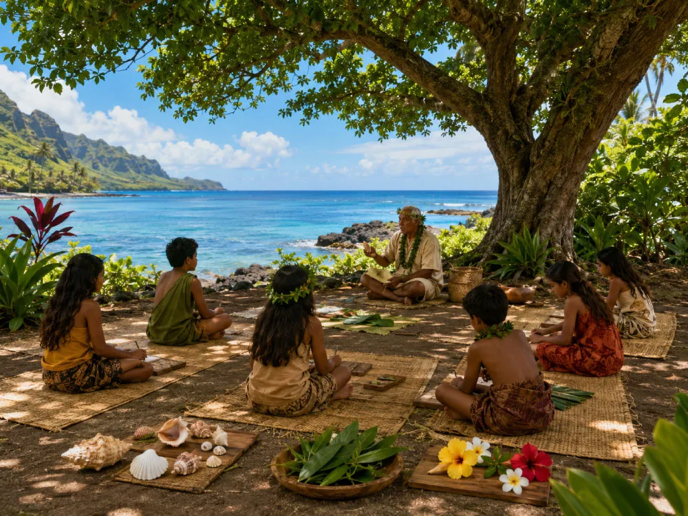 Hawaiian Children Learning by the Sea